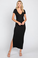 Black Basic Ribbed Side Slit Maternity Midi Dress