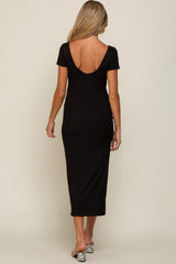 Black Basic Ribbed Side Slit Maternity Midi Dress