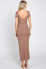 Mocha Basic Ribbed Side Slit Midi Dress