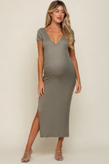 Light Olive Basic Ribbed Side Slit Maternity Midi Dress