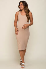 Beige Ribbed Fitted Maternity Midi Dress
