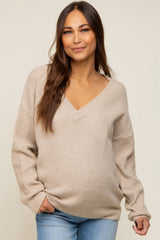 Taupe V-Neck Relaxed Fit Maternity Sweater