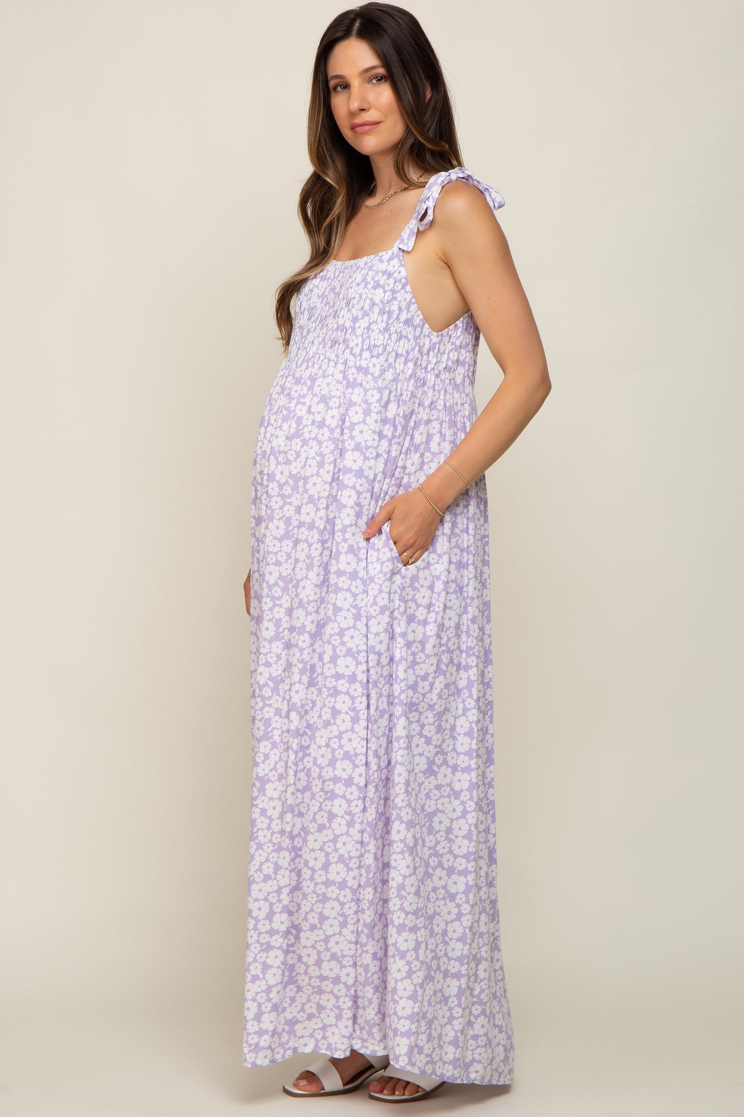 Purple Floral Smocked Shoulder Tie Maternity Maxi Dress