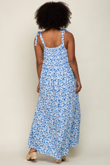 Light Blue Floral Smocked Shoulder Tie Maxi Dress