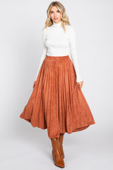 Rust Suede Pleated Midi Skirt