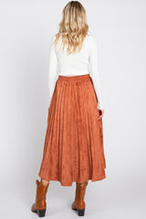 Rust Suede Pleated Midi Skirt