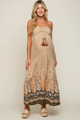 Beige Floral Paisley Halter Maternity Maxi Dress