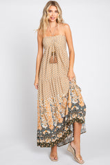 Beige Floral Paisley Halter Maternity Maxi Dress