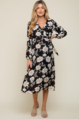 Black Floral Wrap Front Waist Tie Maternity Midi Dress