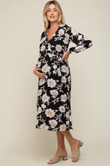 Black Floral Wrap Front Waist Tie Maternity Midi Dress