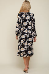 Black Floral Wrap Front Waist Tie Maternity Midi Dress