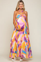 Yellow Printed Halter Maternity Maxi Dress