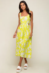 Lime Floral Sleeveless Side Cutout Maternity Midi Dress