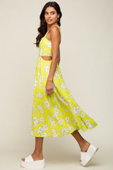 Lime Floral Sleeveless Side Cutout Midi Dress