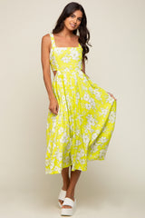 Lime Floral Sleeveless Side Cutout Midi Dress