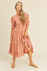 Salmon Eyelet Puff Sleeve Tiered Maternity Midi Dress