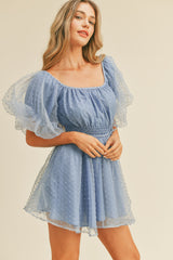 Powder Blue Mesh Dot Bubble Sleeve Flared Mini Dress