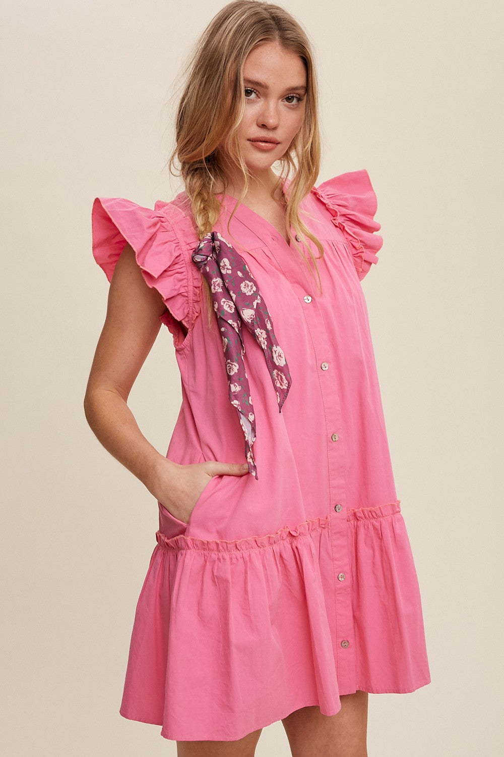 Bright Pink Button Down Dress With Ruffle Sleeves