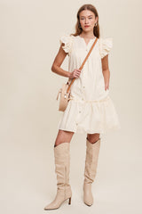 Cream Button Down Dress With Ruffle Sleeves