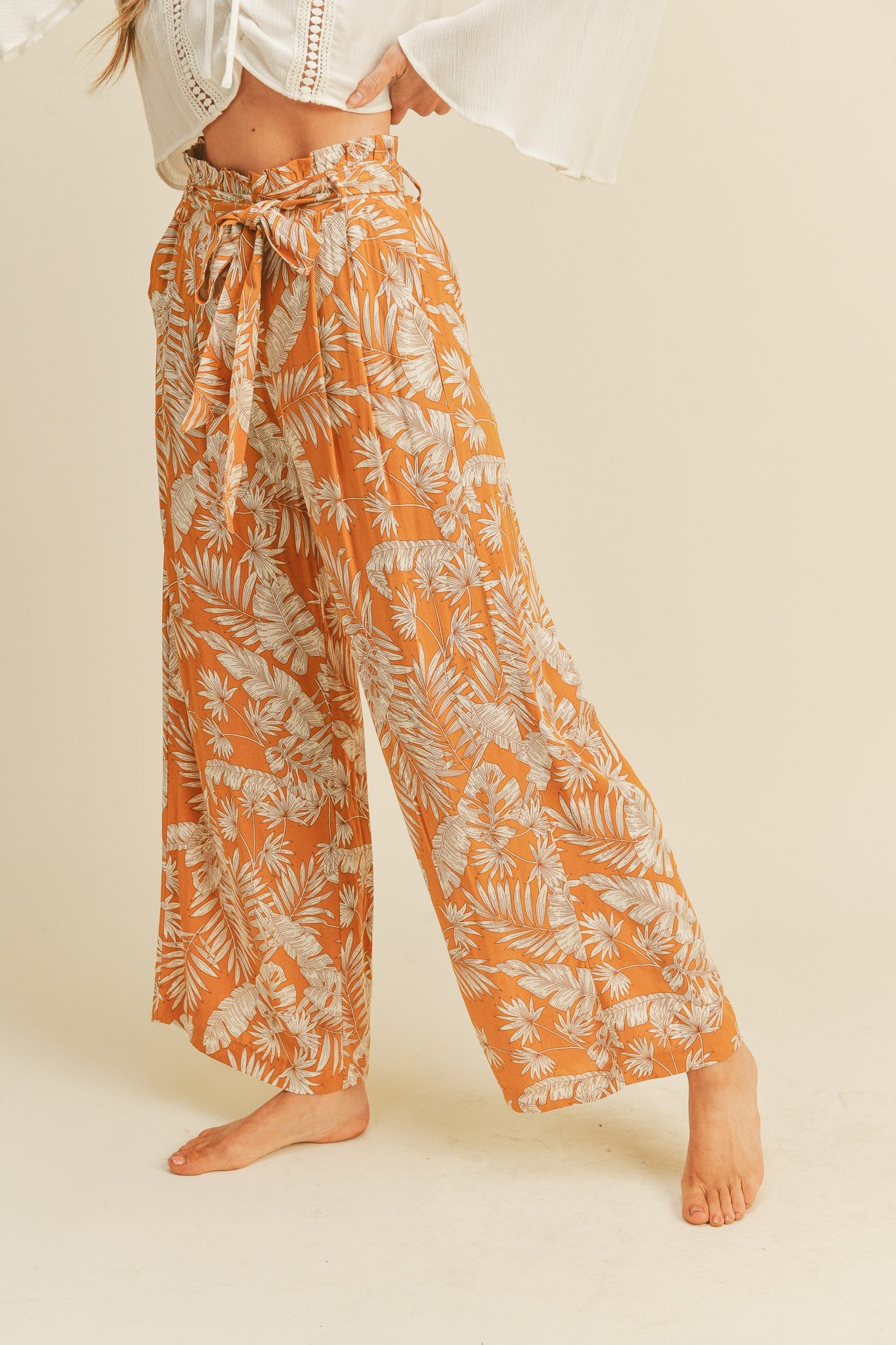 Orange Wide Leg Paperbag Pants