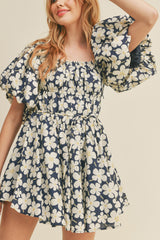 Navy Floral Print Bubble Sleeve Flared Mini Dress