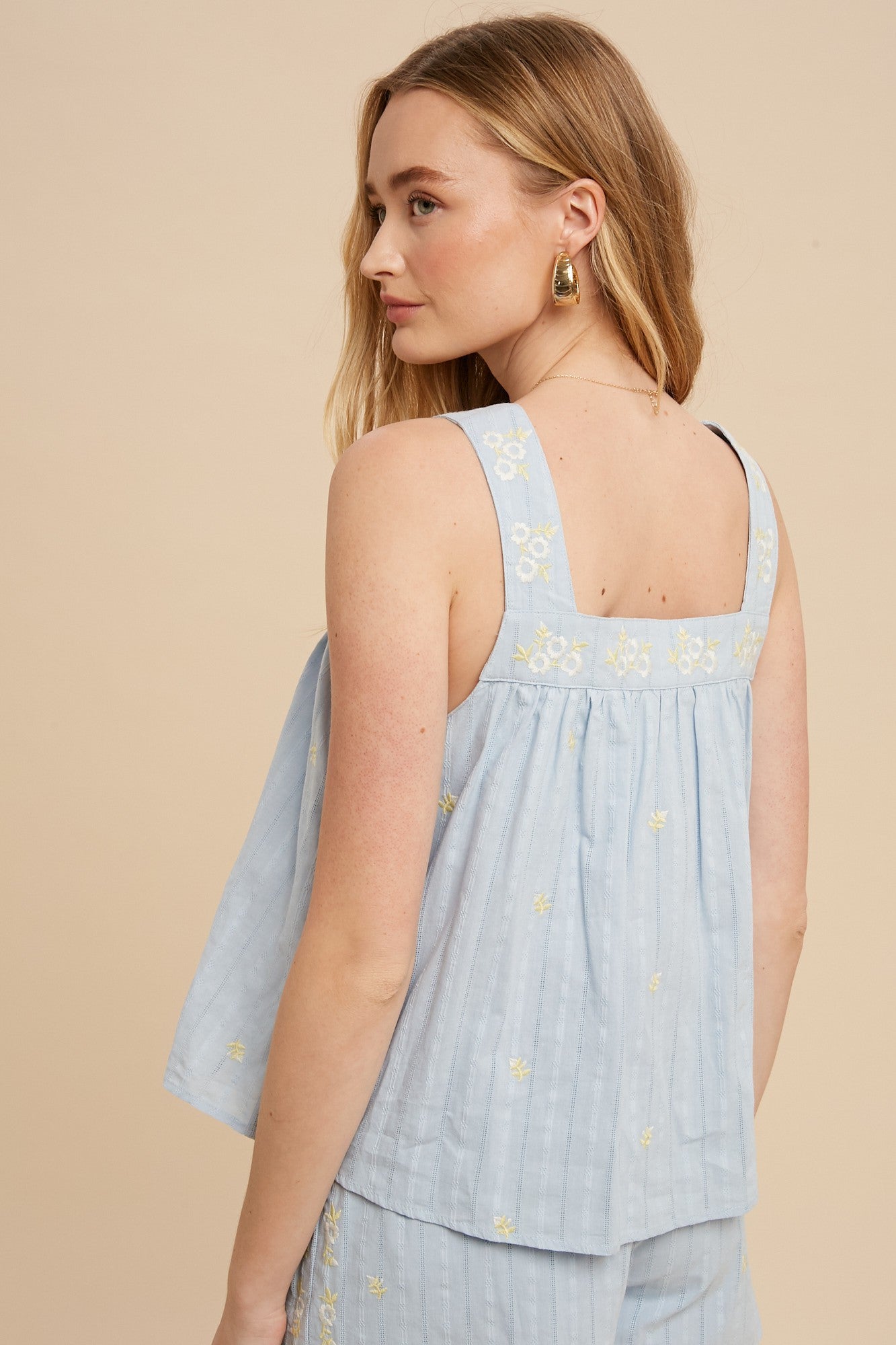 Powder Blue Floral Embroidered Tank Top