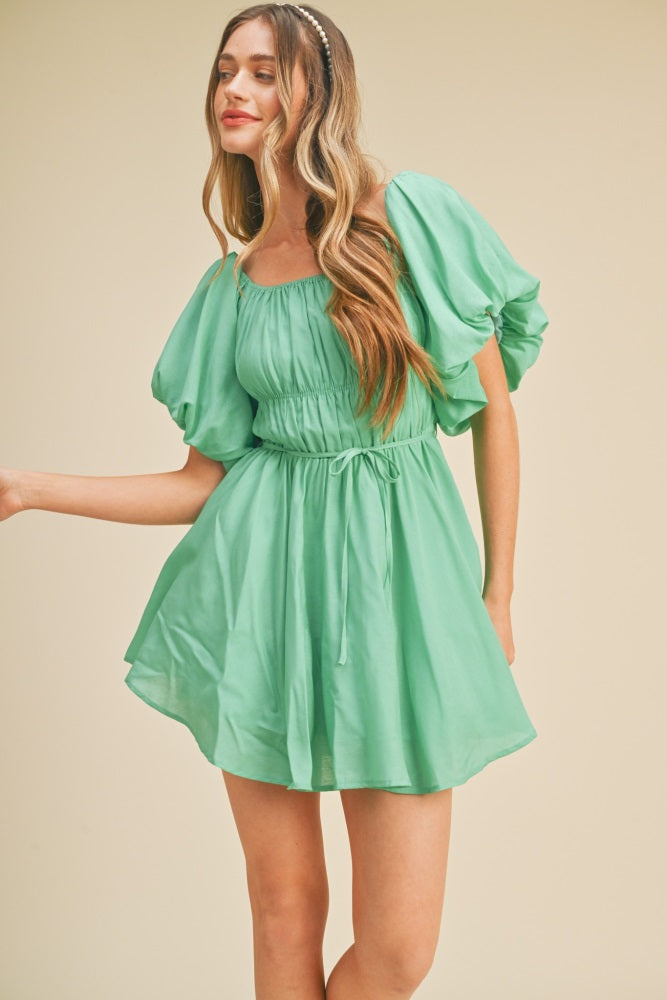 Bright Mint Bubble Sleeve Flared Mini Dress