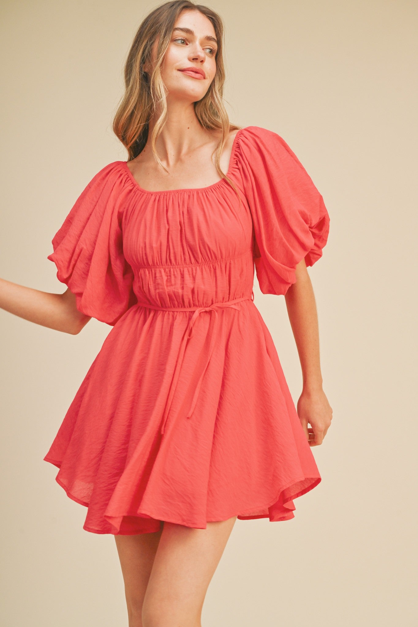 Cherry Pink Bubble Sleeve Flared Mini Dress