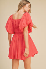 Cherry Pink Bubble Sleeve Flared Mini Dress