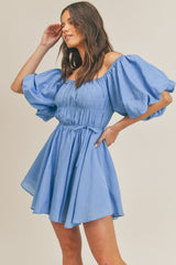 French Blue Bubble Sleeve Flared Mini Dress