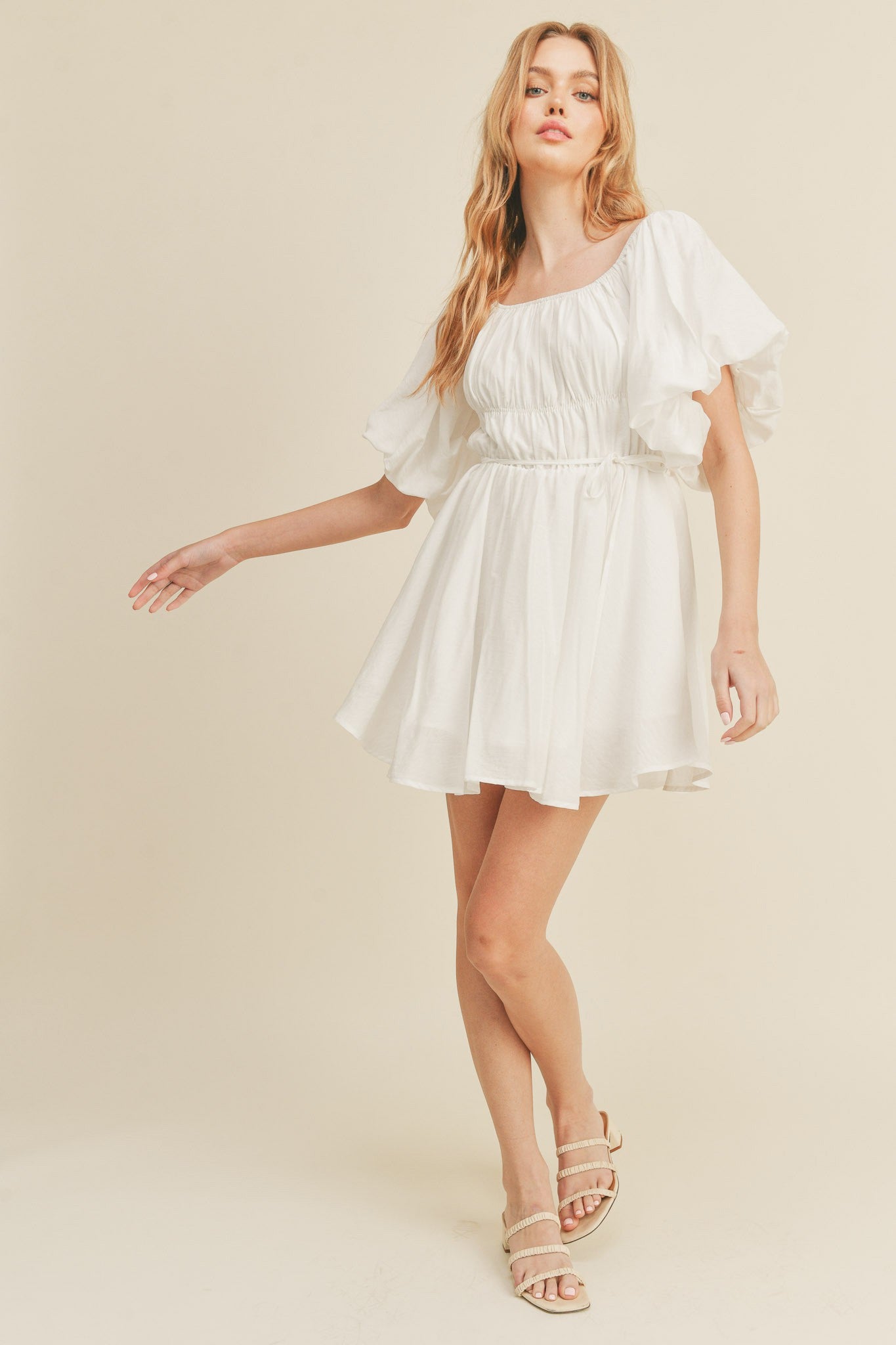Soft White Bubble Sleeve Flared Mini Dress