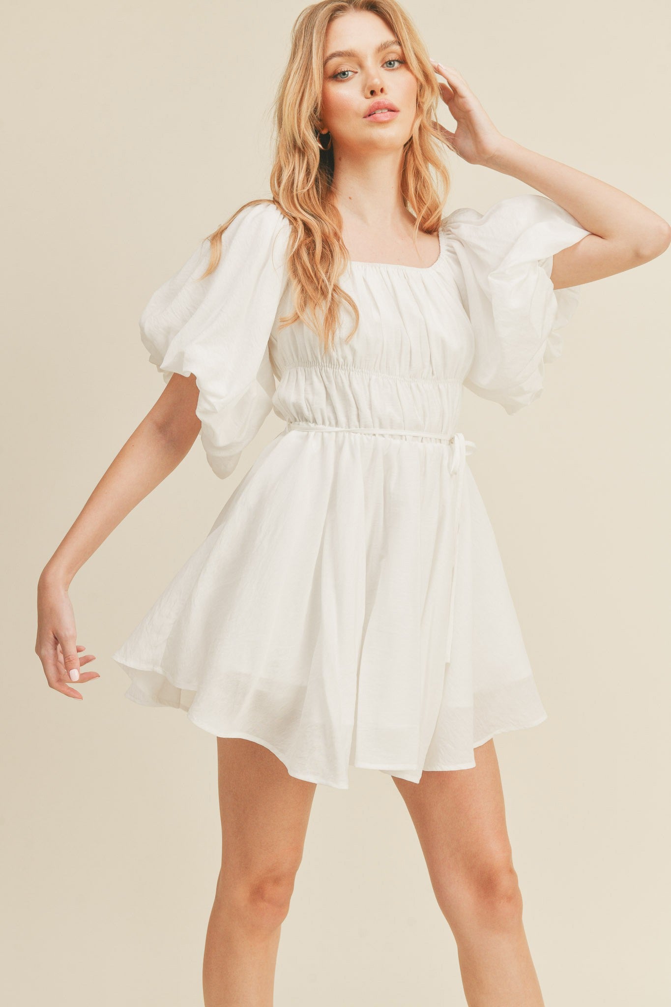 Soft White Bubble Sleeve Flared Mini Dress
