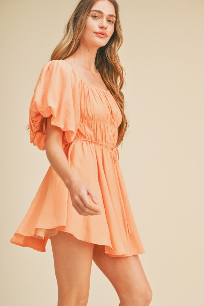 Peach Bubble Sleeve Flared Mini Dress