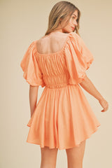 Peach Bubble Sleeve Flared Mini Dress