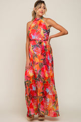 Multi-Color Palm Print Pleated Chiffon Maternity Maxi Dress