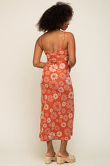 Rust Sleeveless Floral Knit Maxi Dress