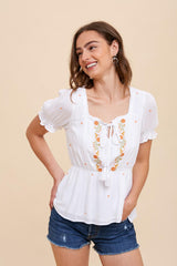 Off White Square Neck Embroidered Blouse