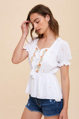 Off White Square Neck Embroidered Blouse