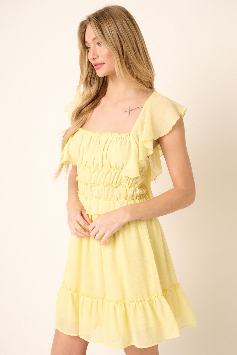 Yellow Shirring Detail Mini Dress