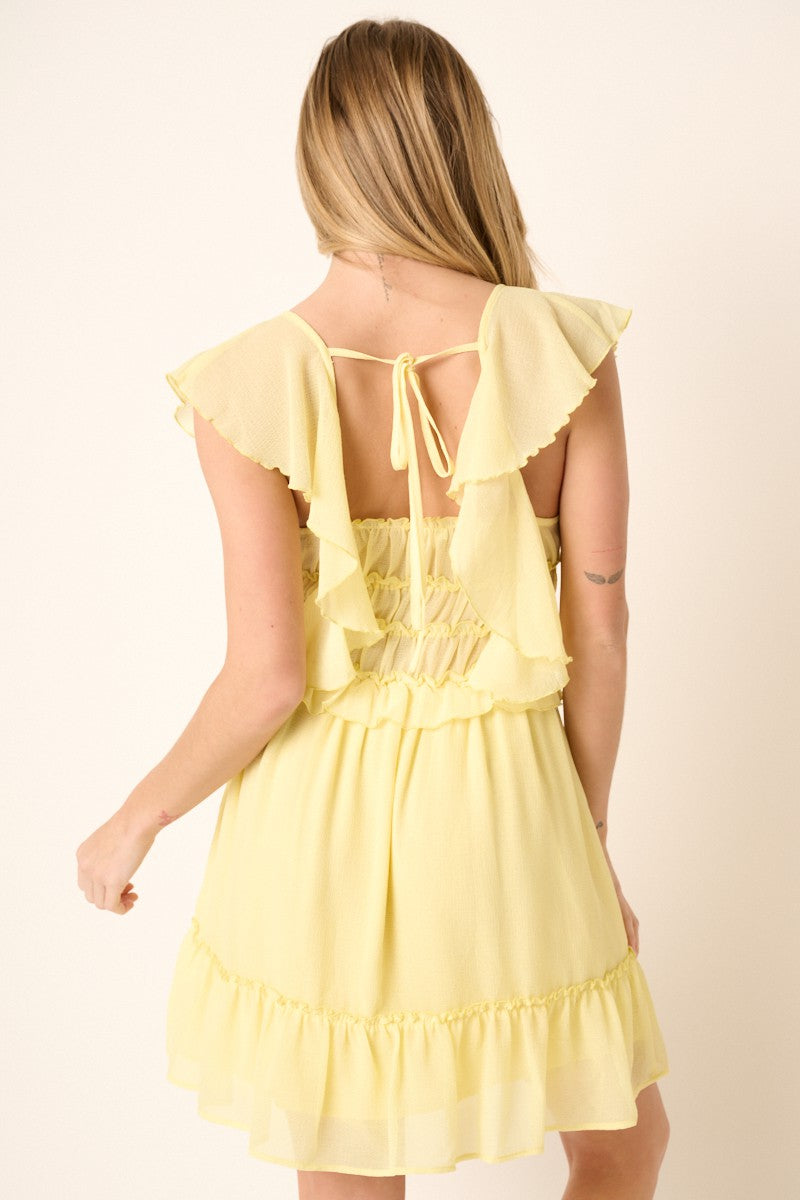 Yellow Shirring Detail Mini Dress
