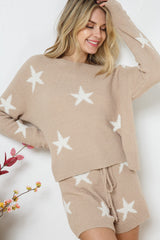 Taupe Soft Long Sleeve Star Print Top And Short Set