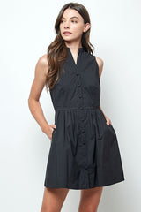 Black Button Down Mandarin Sleeveless Mini Dress