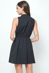 Black Button Down Mandarin Sleeveless Mini Dress