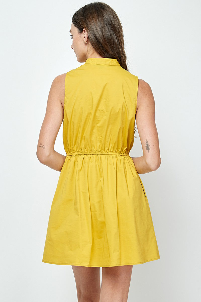 Yellow Button Down Mandarin Sleeveless Mini Dress