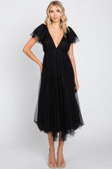 Black Tulle V-Neck Flutter Sleeve Midi Dress