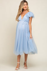 Light Blue Tulle V-Neck Flutter Sleeve Maternity Midi Dress