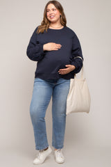 Navy Embroidered Long Sleeve Plus Maternity Top