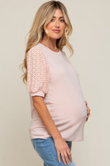 Light Pink Eyelet Lace Sleeve Maternity Top