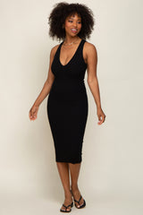 Black Ribbed Knit Fitted V-Neck Maternity Midi Dress