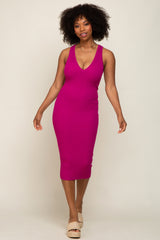 Magenta Ribbed Knit Fitted V-Neck Maternity Midi Dress